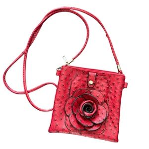 3D red floral Roaette cross body bag, front cell pocket, black dots, so cute